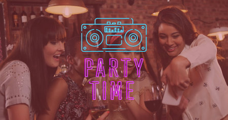 Image of party time purple neon text over diverse friends drinking and talking in bar. National night out day, party and celebration concept digitally generated image.の写真素材