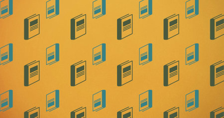 Image of book icons over orange background. national book lovers day and celebration concept digitally generated image.の写真素材