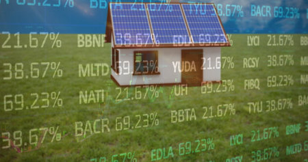 Image of financial data processing over cardboard boxes on conveyor belt in warehouse. Global business finance and data processing concept digitally generated image.の写真素材