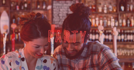 Image of red party neon text over diverse friends taking selfie in bar. National night out day, party and celebration concept digitally generated image.の写真素材