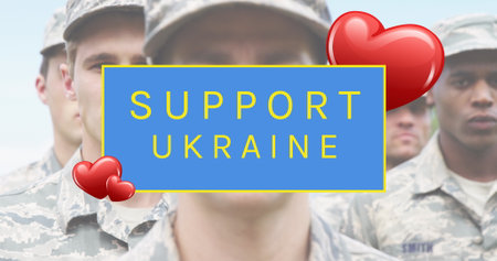 Image of hearts and supporting ukraine over diverse male soldiers. Ukraine crisis and international...