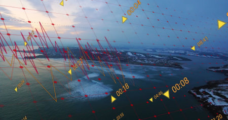 Image of financial data processing over landscape. Global business, finances and digital interface concept digitally generated image.の写真素材