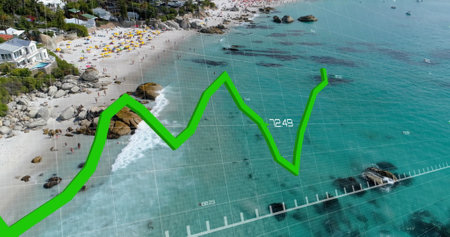 Image of financial data processing over landscape. Global business, finances and digital interface...