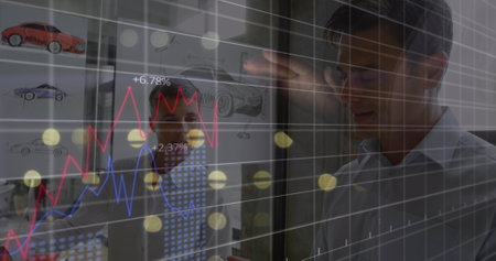 Image of financial data processing over business people in office. Global business, finance,...