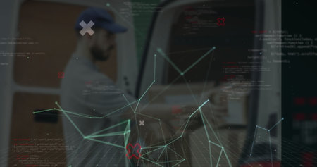 Image of network of connections over caucasian male deliverer. Global business and digital interface concept digitally generated image.の写真素材