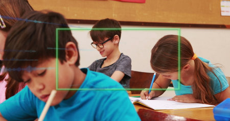 Image of data processing over diverse schoolchildren writing. Global education and digital interface...