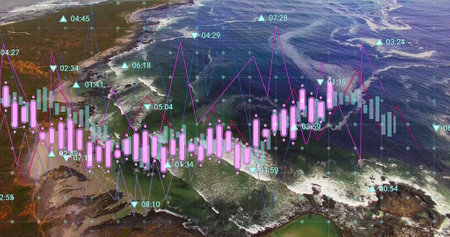 Image of financial data processing over aerial view of sea waves. Global finance and business technology conceptの写真素材