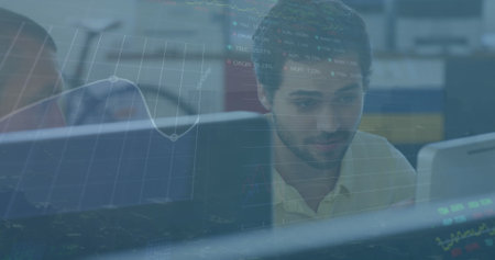 Image of data processing over diverse business people in office. Global business and digital...