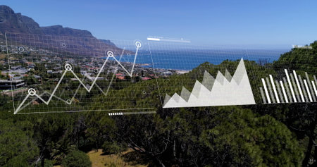 Image of financial data processing over landscape. Global business, finances and digital interface concept digitally generated image.の写真素材