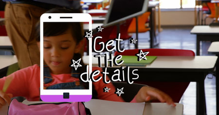 Image of smartphone and get the details text over biracial schoolgirl with teacher. Global education...