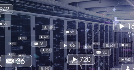 Image of multiple social media icons against mosaic squares over computer server room. Social media...