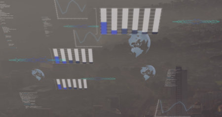 Image of data processing against aerial view of cityscape. Computer interface and business technology conceptの写真素材