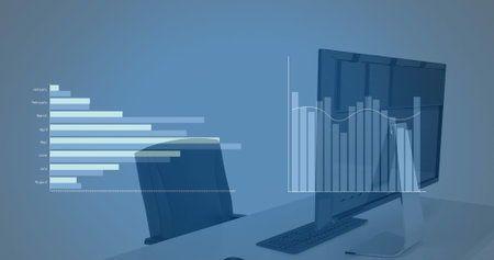 Image of financial data processing over desk in office. Global business, finances, computing and data processing concept digitally generated image.の写真素材