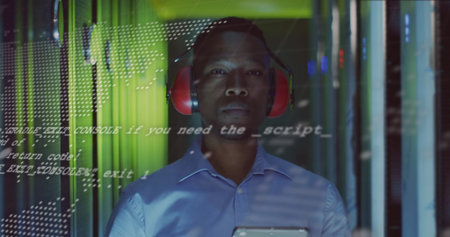 Image of data processing over african american male it engineer by computer servers. Global business, computing, data processing and connections concept digitally generated image.の写真素材
