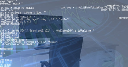 Image of financial data processing over desk in office. Global business, finances, computing and...