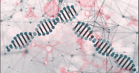 Image of network of connections, dna and molecular structures floating against grey background. Medical research and science technology conceptの写真素材