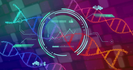 Image of dna strands spinning and scientific data processing. Global medicine, science, research and...