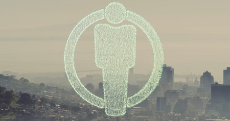 Image of dots forming male restroom icon in circle over aerial view of mountain and city. Digital composite, multiple exposure, architecture, public restroom, sign and technology concept.の写真素材