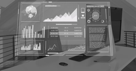 Image of graphs, loading circles and globes over unoccupied chair and desktop in office. Digital...