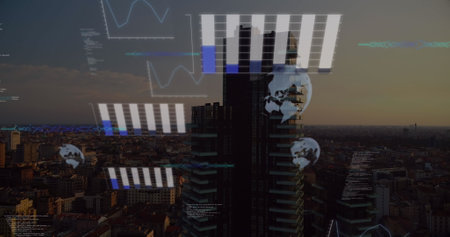 Image of data processing against aerial view of cityscape. Computer interface and business...