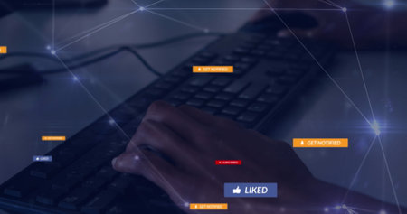 Image of network of connections and social media icons with texts over hands typinng on keyboard. Global social media, technology and digital interface concept digitally generated image.の写真素材