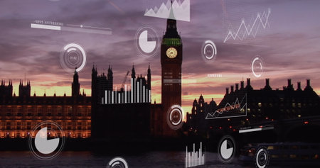Image of data processing over london cityscape. Global business, finances, computing and data...