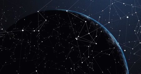 Image of changing numbers, graph, loading squares over connected dots against globe. Digitally generated, hologram, illustration, communication, report, business, progress and globalization.の写真素材