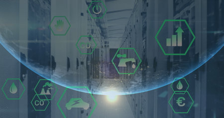 Image of sustainable resource icons in hexagons and globe over server room. Digital composite,...