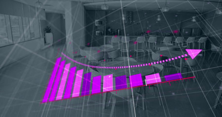 Image of statistics and data processing over office. Global business, finance, digital interface, computing and data processing concept digitally generated image.の写真素材