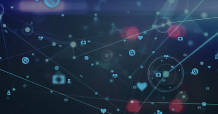 Image of network of medical icons against blurred view of night cityscape. Global networking and medical research technology conceptの写真素材