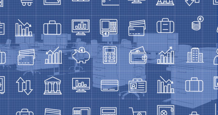 Image of multiple digital icons over grid network against 3d office model. Computer interface and business technology conceptの写真素材