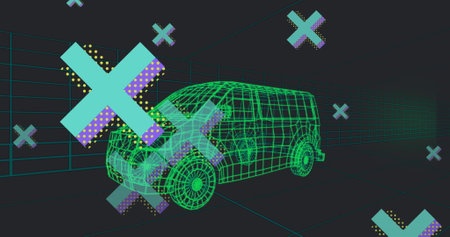 Image of abstract cross shapes over 3d van model moving in seamless pattern in tunnel. Energy ev car conceptの写真素材