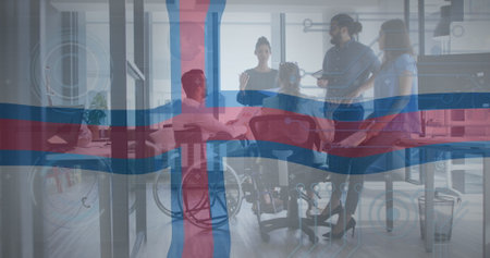 Image of graphs and faroe islands flag over multiracial colleagues discussing ideas in meeting....