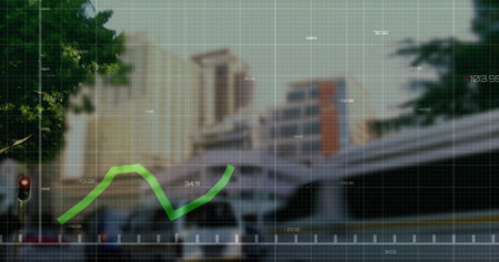 Image of graphs and changing numbers over time lapse people walking against modern buildings. Digital composite, multiple exposure, report, business, growth and architecture concept.の写真素材