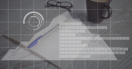 Image of loading bars and circles over book, pen, spectacles and coffee cup on table. Digital...