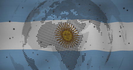 Image of spinning globe and data processing against waving argentina flag background. Global emergency and safety conceptの写真素材