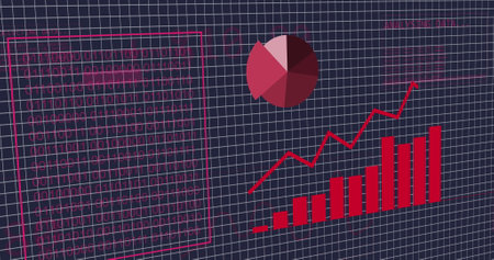 Image of spinning globe and statistical data processing over grid network on blue background. Computer interface and business data technology conceptの写真素材