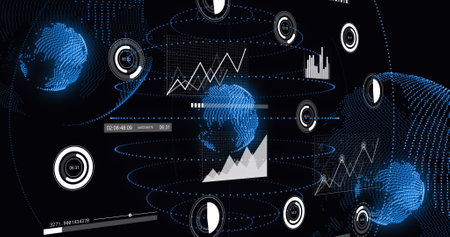 Image of multiple graphs, loading bars, circles and multiple globes over black background. Digitally generated, hologram, illustration, report, business, progress and globalization concept.の写真素材