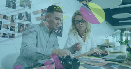 Image of infographic interface, caucasian coworkers discussing about photo in office. Digital composite, multiple exposure, report, business, growth, global, teamwork and technology concept.の写真素材