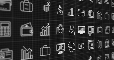 Image of business icons over data processing on black background. Business, finances, computing and digital interface concept digitally generated image.の写真素材