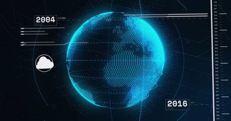 Image of flowchart of icons with lines, changing numbers over rotating globe. Digitally generated, hologram, illustration, business, growth, globalization, cloud computing and technology concept.の写真素材