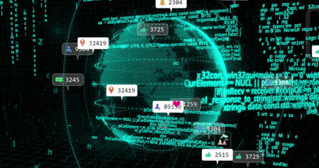 Image of social media icons over spinning globe and data processing against black background. Social...