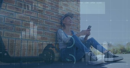 Image of data processing over biracial woman using smartphone. Global business, computing, digital...