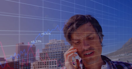 Image of financial data processing over caucasian man using smartphone. Global business, finances,...