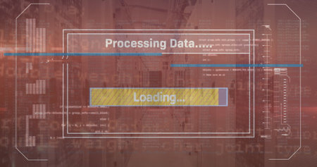 Image of text, loading bars and computer language over data server room. Digital composite, multiple...