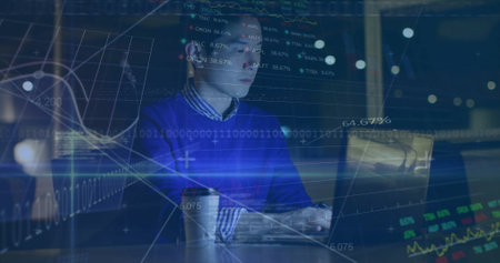 Image of computer language , graphs, trading board, asian man working on laptop. Digital composite,...