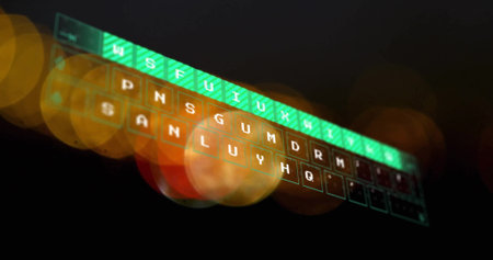 Image of keyboard over bokeh on black background. Global technology, computing and digital interface concept digitally generated image.の写真素材