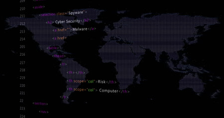Image of multicolored computer language and map over black background. Digitally generated,...