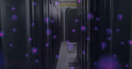 Image of network of connections over computer servers. Global connections, computing and data...