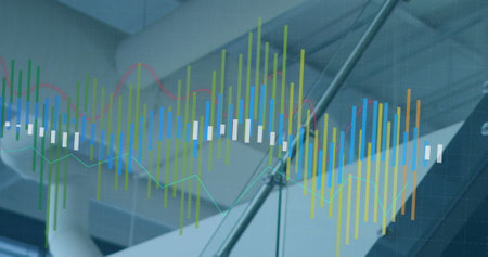 Image of multiple graphs over staircase and ceiling of office. Digital composite, multiple exposure,...